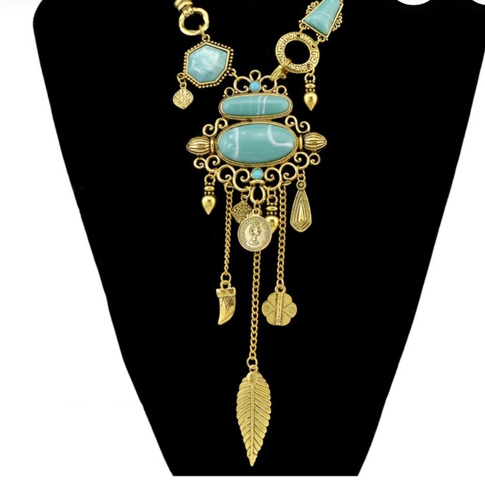 Women’s Turquoise Boho Ethnic Vintage Tassel Charmer Choker Statement Necklace